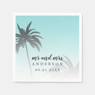 Monogram Blauw Tropische Palmboom Strand Bruiloft Servet