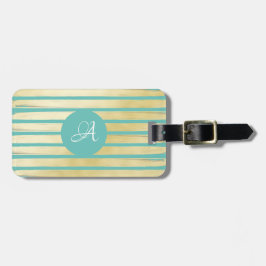 Monogram blauw turquoise gouden folie gestreepte v bagagelabel