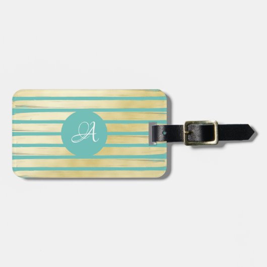 Monogram blauw turquoise gouden folie gestreepte v bagagelabel (Voorkant horizontaal)