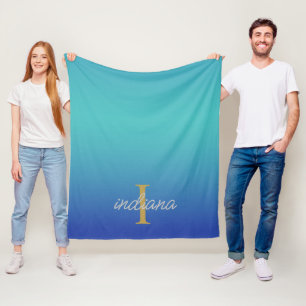 Monogram Blauw Turquoise Modern Script Naam Fleece Deken