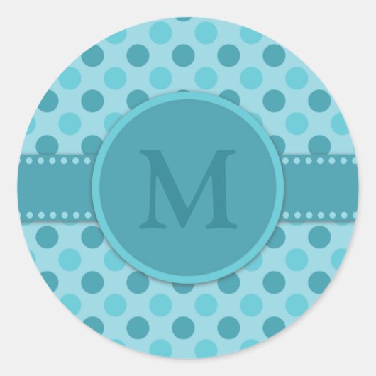 Monogram Blauw Turquoise Stippen Ronde Sticker (Voorkant)