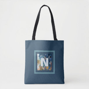 Monogram blauw turquoise waterverf modern stijlvol tote bag