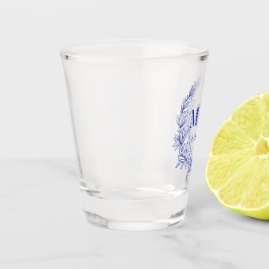 Monogram Blauw Victoriaans Bruiloft Crest Custom Shot Glas (Links)