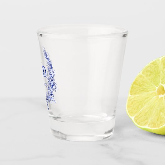 Monogram Blauw Victoriaans Bruiloft Crest Custom Shot Glas (Rechts)