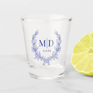 Monogram Blauw Victoriaans Bruiloft Crest Custom Shot Glas