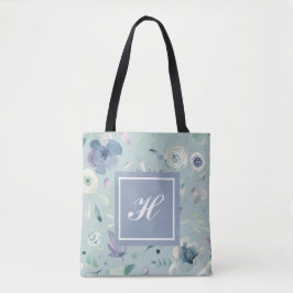 Monogram Blauw Violette Waterverf Bloemenpatroon Tote Bag