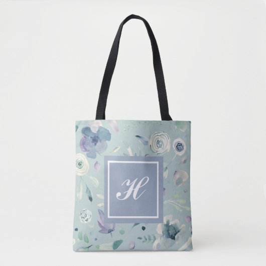 Monogram Blauw Violette Waterverf Bloemenpatroon Tote Bag (Voorkant)