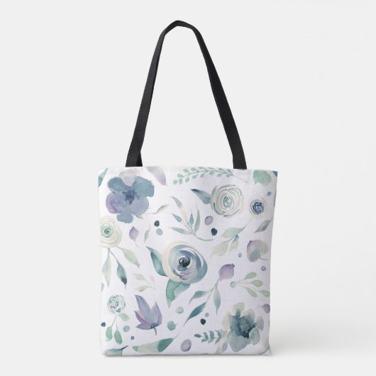 Monogram Blauw Violette Waterverf Bloemenpatroon Tote Bag (Achterkant)