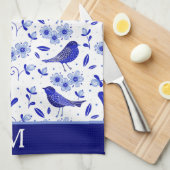 Monogram blauw vogelfolk theedoek (Quarter Fold)