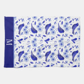 Monogram blauw vogelfolk theedoek (Horizontaal)