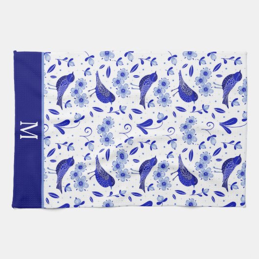 Monogram blauw vogelfolk theedoek (Horizontaal)