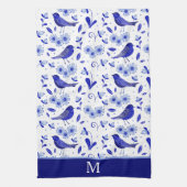 Monogram blauw vogelfolk theedoek (Verticaal)
