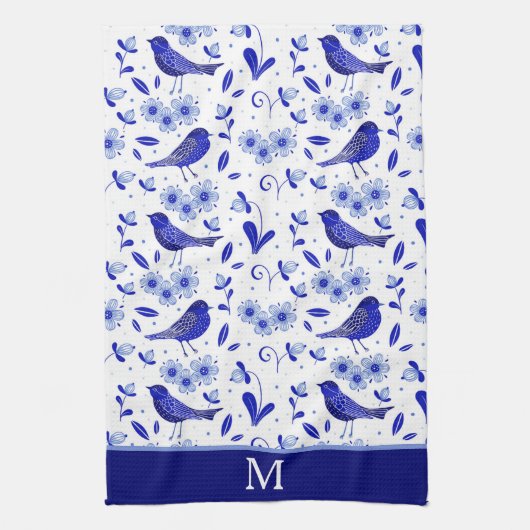 Monogram blauw vogelfolk theedoek (Verticaal)