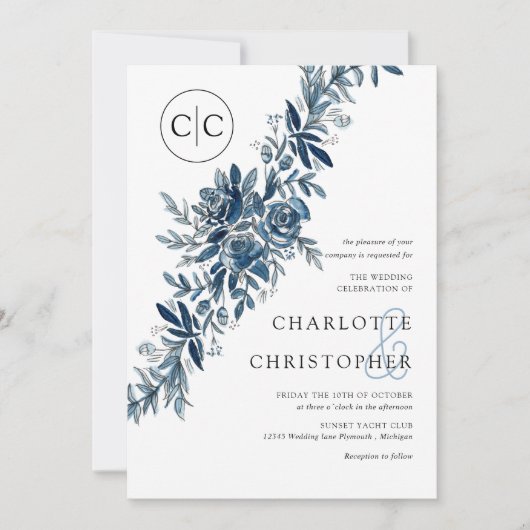 Monogram blauw waterverf bloemenlineart bruiloft kaart (Voorkant)