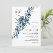 Monogram blauw waterverf bloemenlineart bruiloft kaart (Staand voorkant)