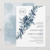 Monogram blauw waterverf bloemenlineart bruiloft kaart (Voorkant / Achterkant)