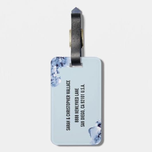 Monogram blauw waterverf Goud lijst pasgetrouwd Bagagelabel (Achterkant verticaal)