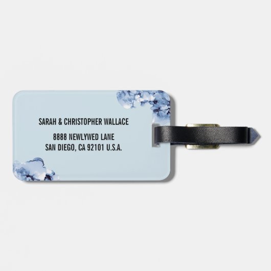 Monogram blauw waterverf Goud lijst pasgetrouwd Bagagelabel (Achterkant horizontaal)