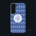 Monogram blauw wielpatroon samsung galaxy hoesje<br><div class="desc">Deze telefoonhoes heeft een slim geometrisch patroon gemaakt van herhalende fietswielen. In het midden staat een lichtblauw fietswiel klaar om je initialen toe te voegen. Ontworpen met een fan van fietsen in het achterhoofd,  het maakt een leuk en ongebruikelijk patroon.</div>