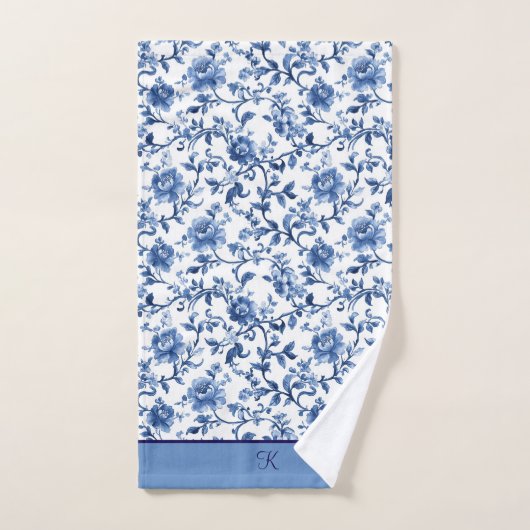 Monogram Blauw Wit Bloemen Toile Chinoiserie Bad Handdoek (Handdoek)