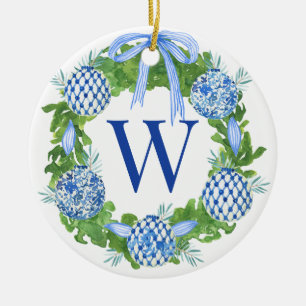 Monogram Blauw & Wit Chinoiserie Krans Keramisch Ornament