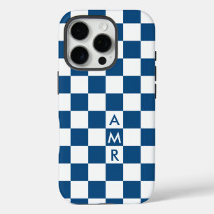 Monogram blauw wit geruit patroon iPhone 16 pro hoesje