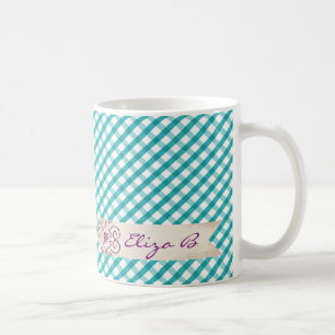 Monogram Blauw Wit Gingham Patroon Mok