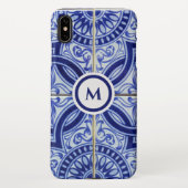 Monogram blauw + wit mediterraan Tegel patroon iPhone Hoesje (Achterkant)