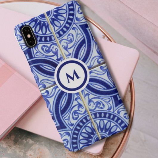 Monogram blauw + wit mediterraan Tegel patroon iPhone Hoesje