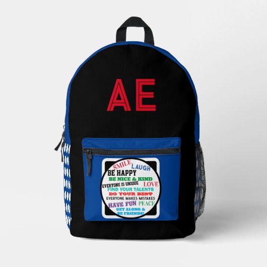 Monogram Blauw Wit Polka Dots Motivatie Bedrukte Rugzak (Voorkant)