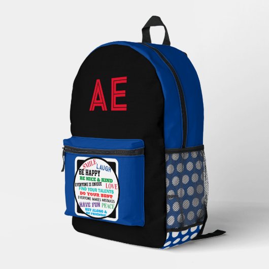 Monogram Blauw Wit Polka Dots Motivatie Bedrukte Rugzak (Achterkant Hoek Rechts)