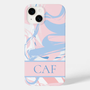 Monogram Blauw Wit Roze Marmer Werveling Case-Mate iPhone 14 Hoesje