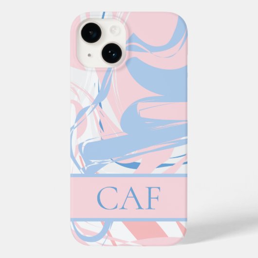 Monogram Blauw Wit Roze Marmer Werveling Case-Mate iPhone Case (Achterkant)