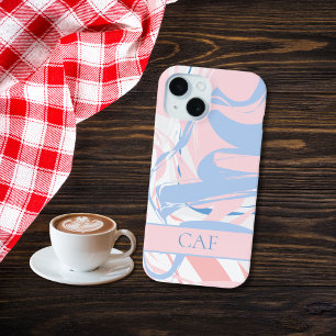 Monogram Blauw Wit Roze Marmer Werveling iPhone 15 Case