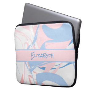 Monogram Blauw Wit Roze Marmer Werveling Laptop Sleeve