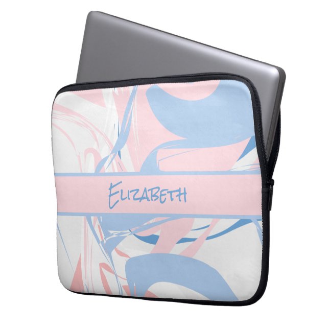 Monogram Blauw Wit Roze Marmer Werveling  Laptop Sleeve (Voorkant Links)