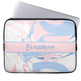 Monogram Blauw Wit Roze Marmer Werveling Laptop Sleeve