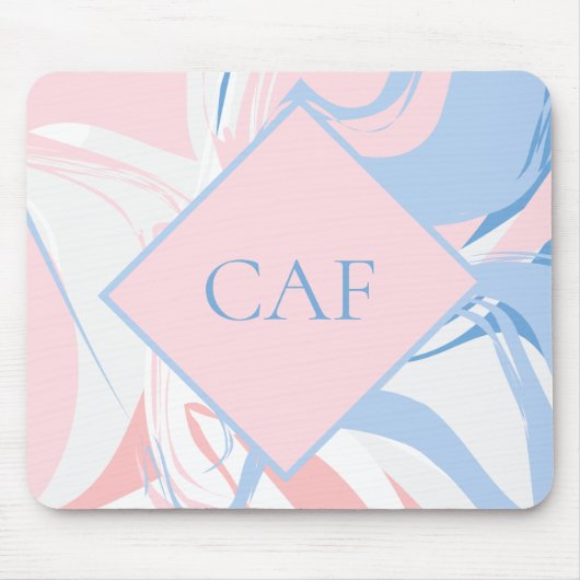 Monogram Blauw Wit Roze Marmer Werveling Muismat (Voorkant)
