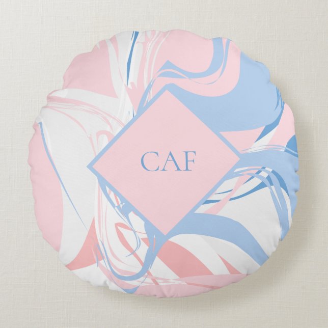Monogram Blauw Wit Roze Marmer Werveling Rond Kussen (Voorkant)