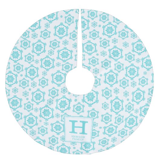 Monogram blauw wit Snowflake Pattern Kerstboom Rok (Voorkant)