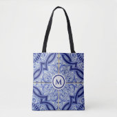 Monogram Blauw + Wit Tegel Patroon Tote Bag (Voorkant)