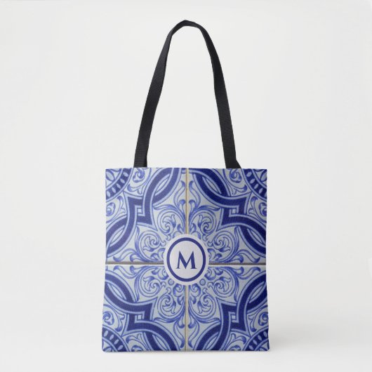 Monogram Blauw + Wit Tegel Patroon Tote Bag (Voorkant)