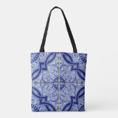 Monogram Blauw + Wit Tegel Patroon Tote Bag (Achterkant)