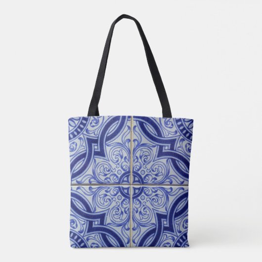  Monogram Blauw + Wit Tegel Patroon Tote Bag (Achterkant)