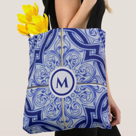 Monogram Blauw + Wit Tegel Patroon Tote Bag