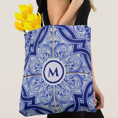 Monogram Blauw + Wit Tegel Patroon Tote Bag