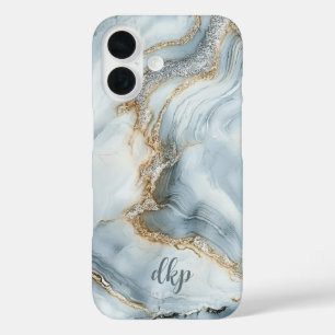 Monogram Blauw Wit Zilver Goud Marmer Werveling iPhone 16 Hoesje
