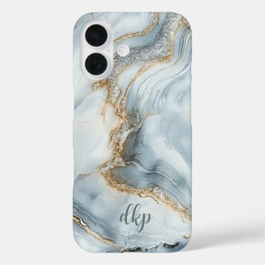 Monogram Blauw Wit Zilver Goud Marmer Werveling Case-Mate iPhone Case (Achterkant)