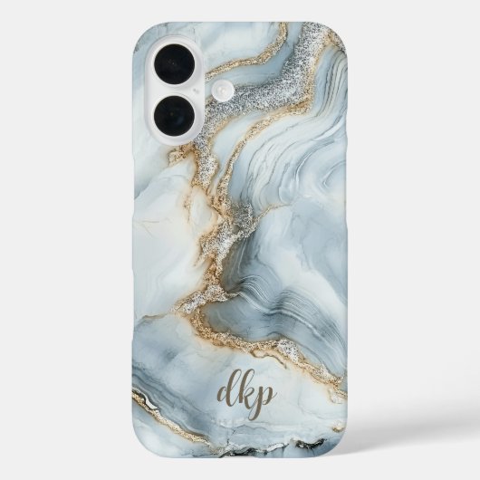 Monogram Blauw Wit Zilver Goud Marmer Werveling Case-Mate iPhone Case (Achterkant)
