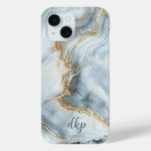 Monogram Blauw Wit Zilver Goud Marmeren Werveltje Case-Mate iPhone Case (Achterkant)